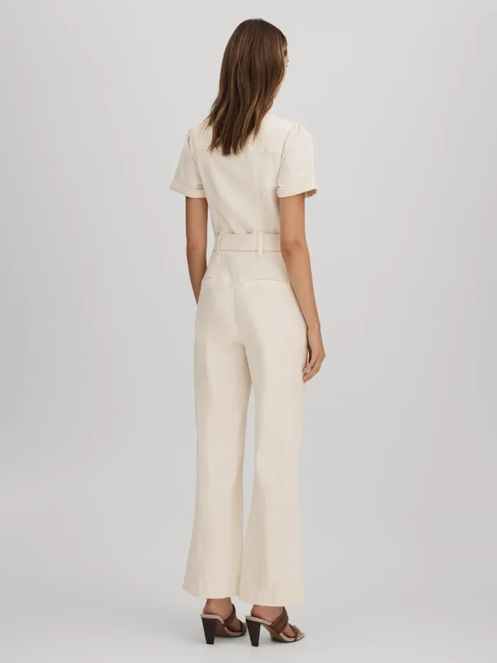 Women Reiss Jumpsuits and Playsuits Denim Puff Sleeve Jumpsuit Sand