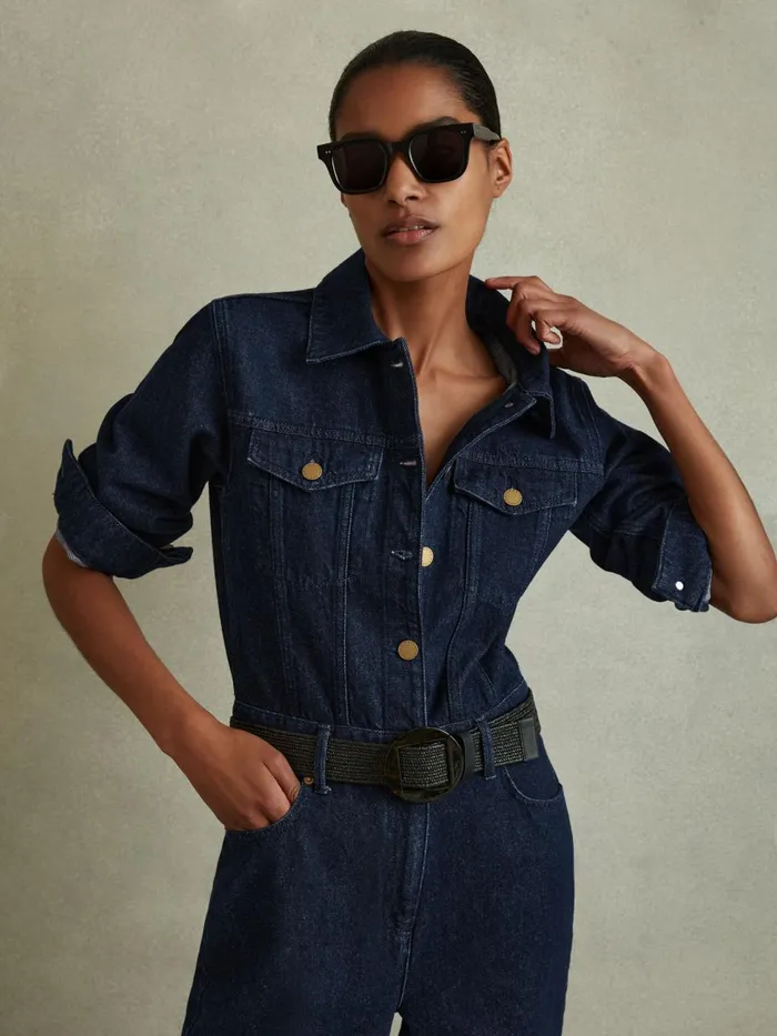 Women Reiss Jumpsuits and Playsuits Frankie Relaxed Denim Jumpsuit Indigo