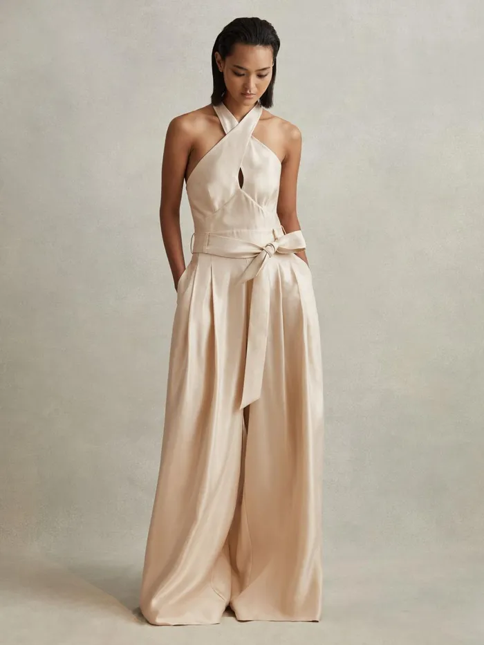 Women Reiss Jumpsuits and Playsuits Jacinta Viscose Linen Wide Leg Jumpsuit Neutral
