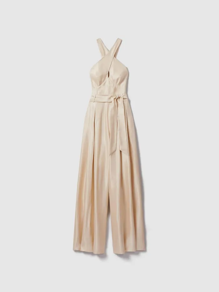 Women Reiss Jumpsuits and Playsuits Jacinta Viscose Linen Wide Leg Jumpsuit Neutral