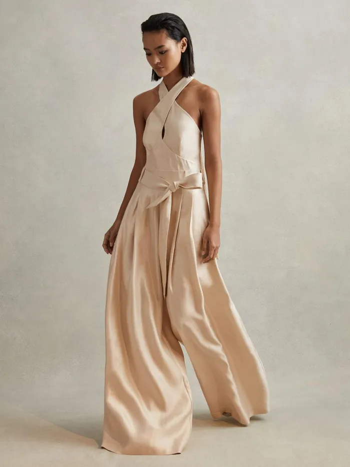 Women Reiss Jumpsuits and Playsuits Jacinta Viscose Linen Wide Leg Jumpsuit Neutral