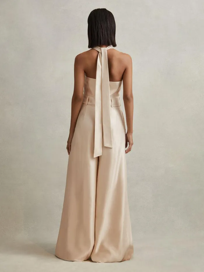 Women Reiss Jumpsuits and Playsuits Jacinta Viscose Linen Wide Leg Jumpsuit Neutral