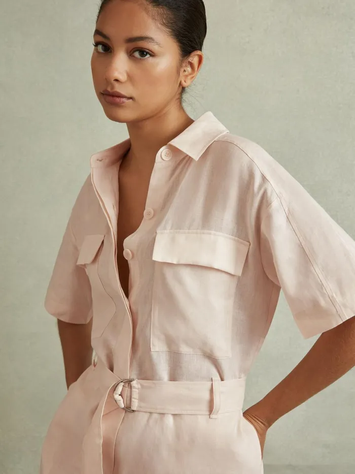 Women Reiss Jumpsuits and Playsuits Selina Linen Belted Playsuit Pink