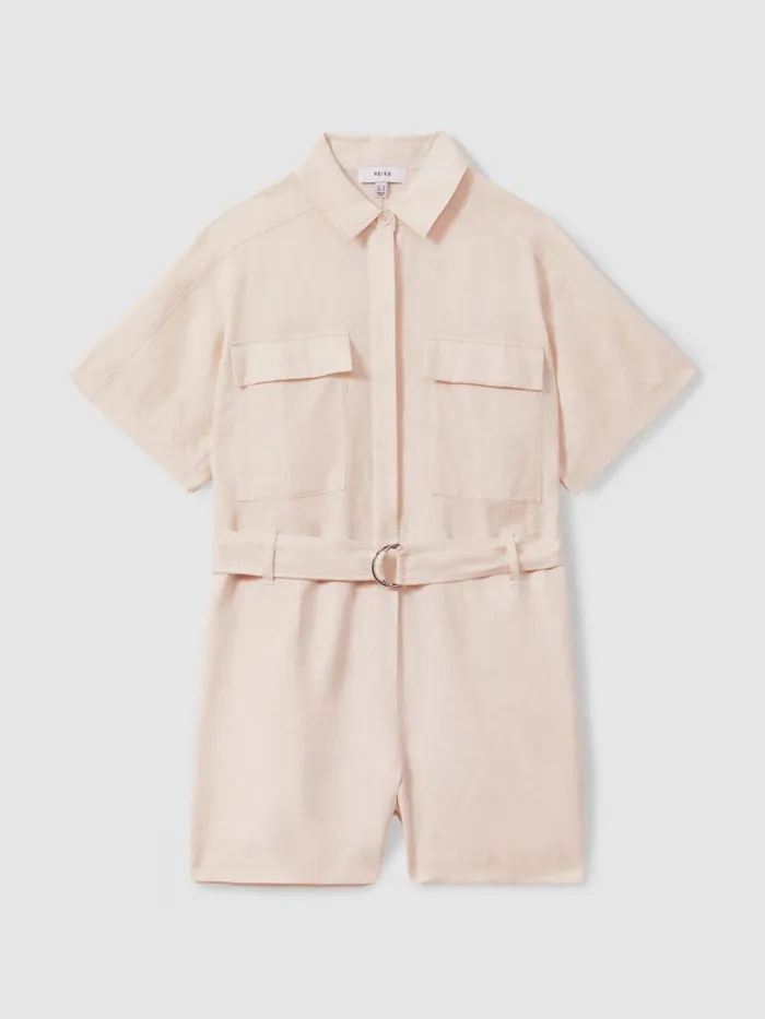 Women Reiss Jumpsuits and Playsuits Selina Linen Belted Playsuit Pink