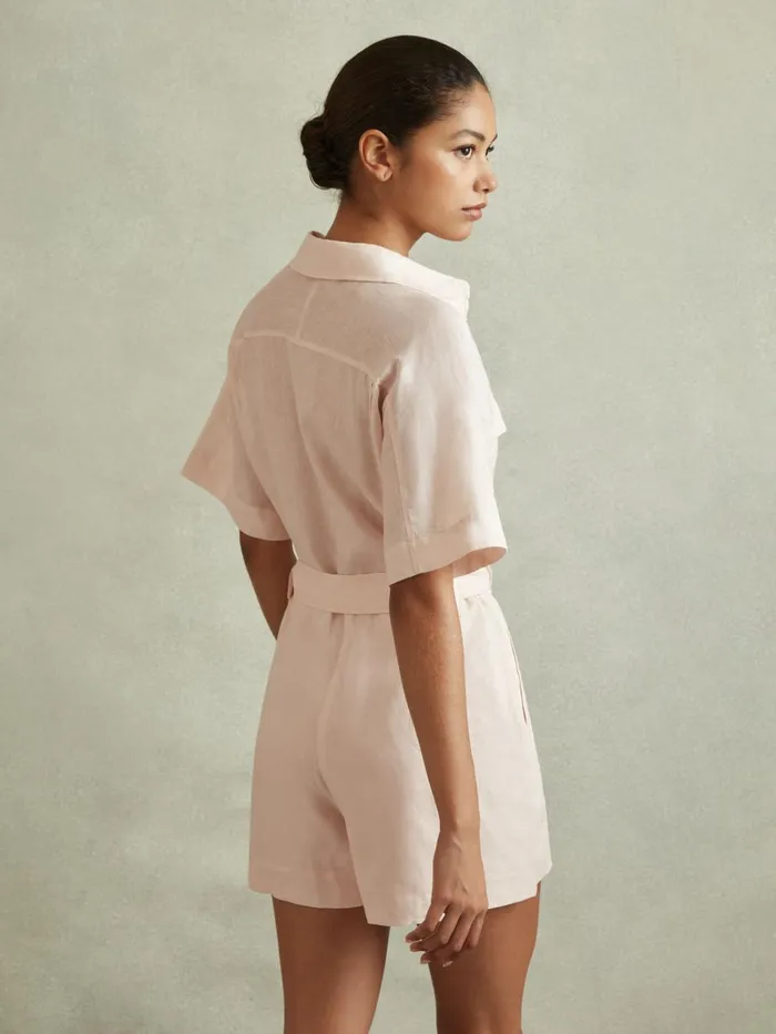 Women Reiss Jumpsuits and Playsuits Selina Linen Belted Playsuit Pink