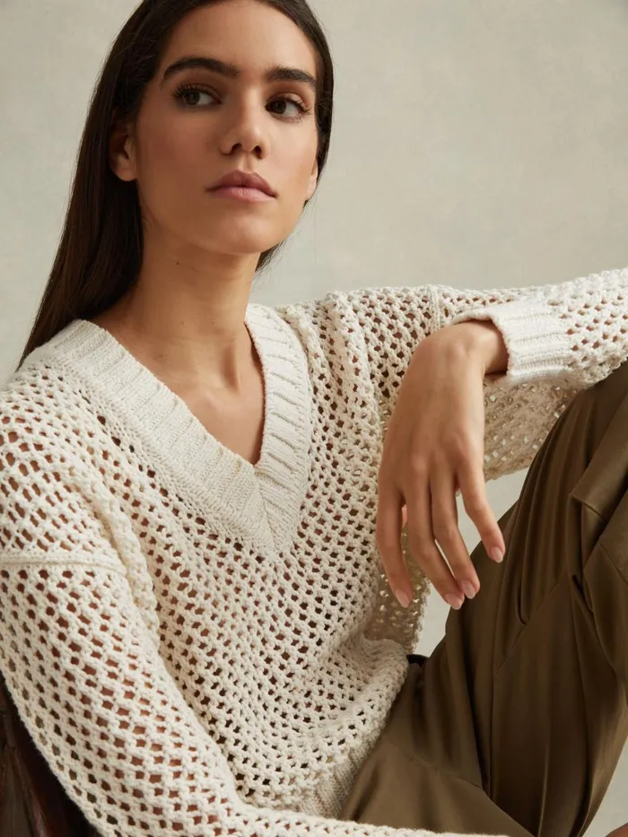 Women Reiss Knitwear Larissa Linen Cotton Open Stitch Jumper Ivory