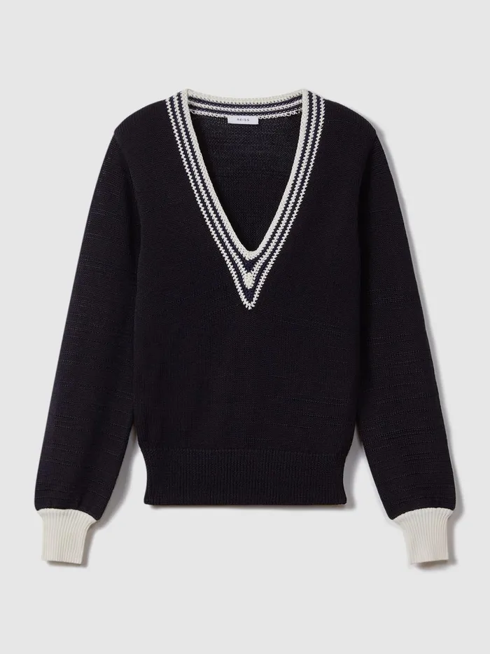 Women Reiss Knitwear Tammy Crochet VNeck Jumper Navywhite