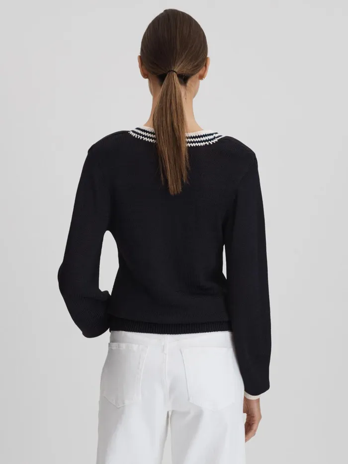 Women Reiss Knitwear Tammy Crochet VNeck Jumper Navywhite