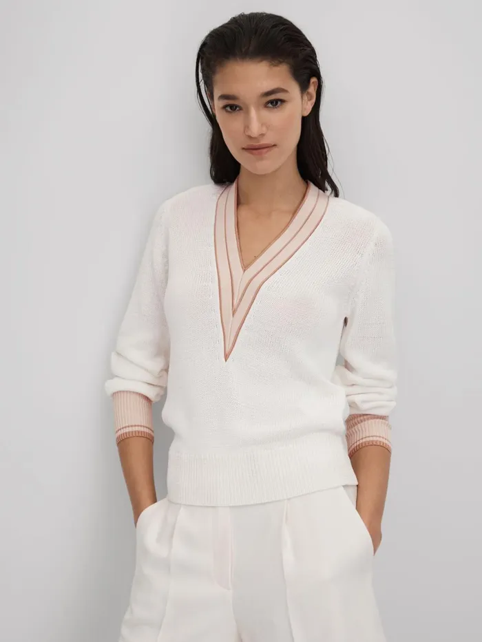 Women Reiss Knitwear Tor Contrast VNeck Jumper Light Pink