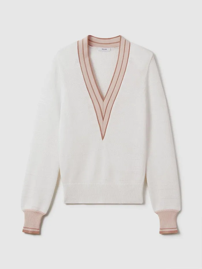 Women Reiss Knitwear Tor Contrast VNeck Jumper Light Pink