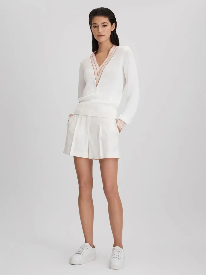 Women Reiss Knitwear Tor Contrast VNeck Jumper Light Pink
