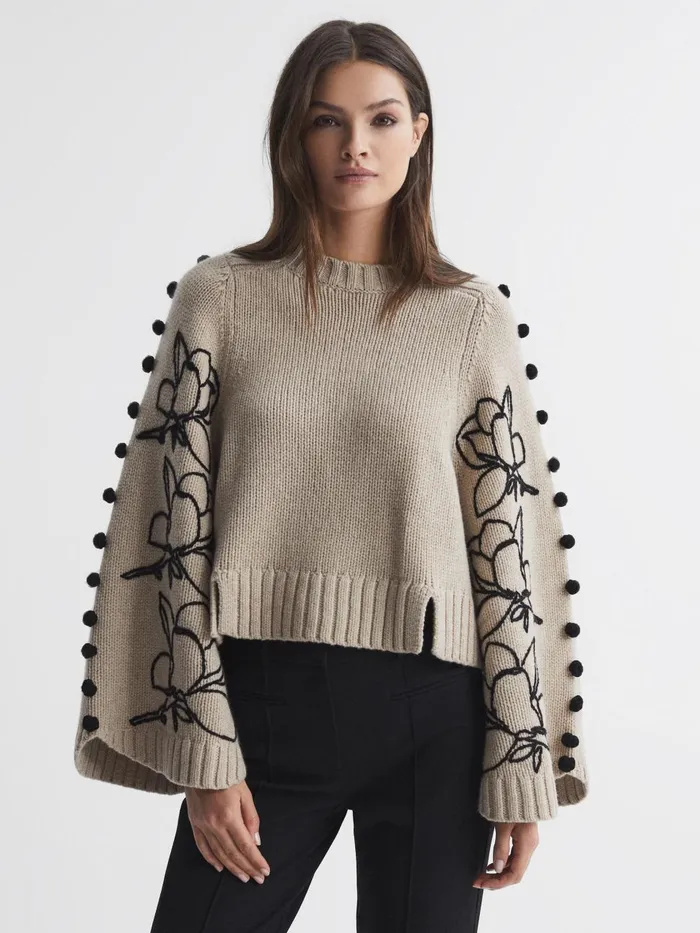 Women Reiss Knitwear Wool Cropped Embroidered Jumper Stoneblack