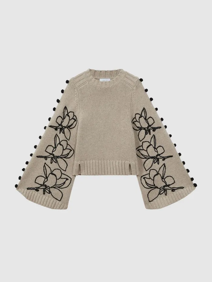 Women Reiss Knitwear Wool Cropped Embroidered Jumper Stoneblack