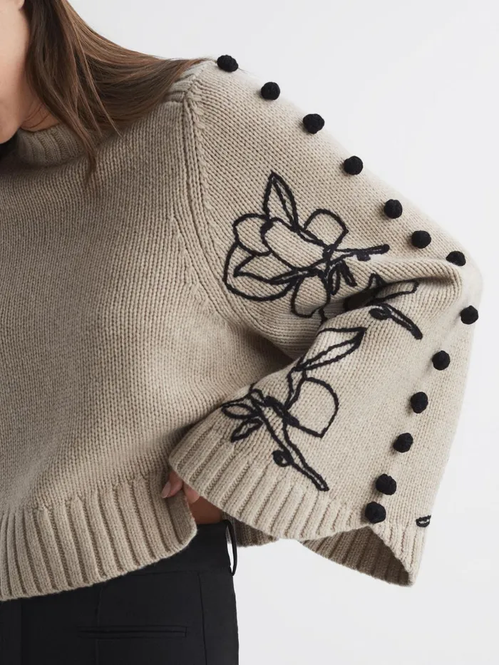 Women Reiss Knitwear Wool Cropped Embroidered Jumper Stoneblack