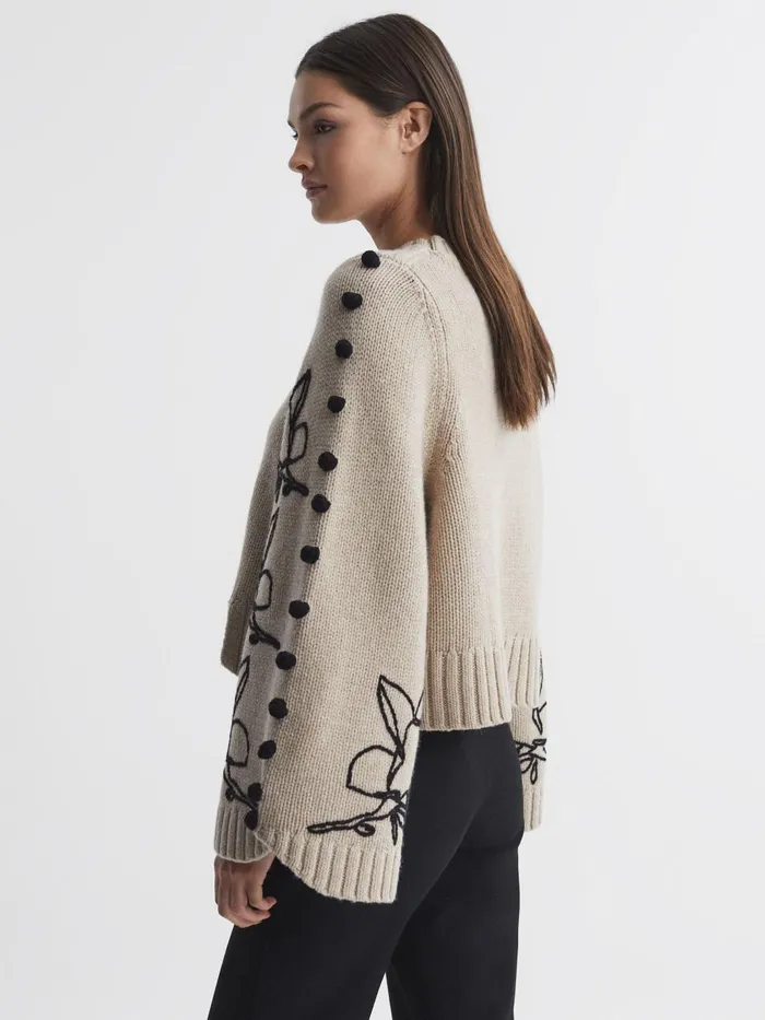 Women Reiss Knitwear Wool Cropped Embroidered Jumper Stoneblack