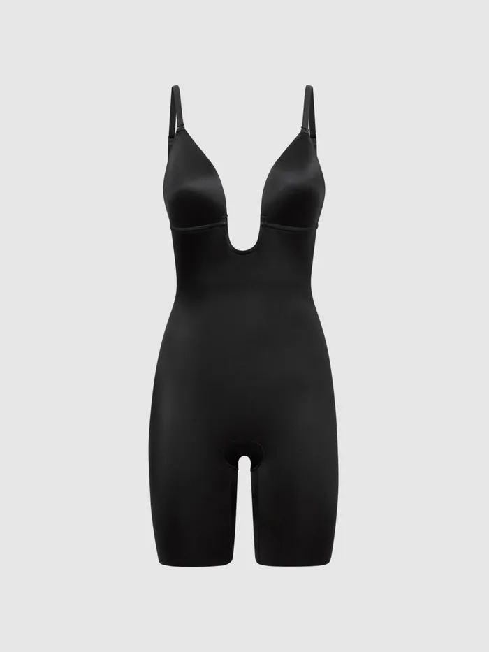Women Reiss Lingerie Shapewear Firming Plunge LowBack MidThigh Bodysuit Black
