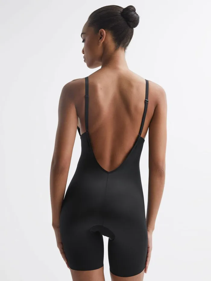 Women Reiss Lingerie Shapewear Firming Plunge LowBack MidThigh Bodysuit Black