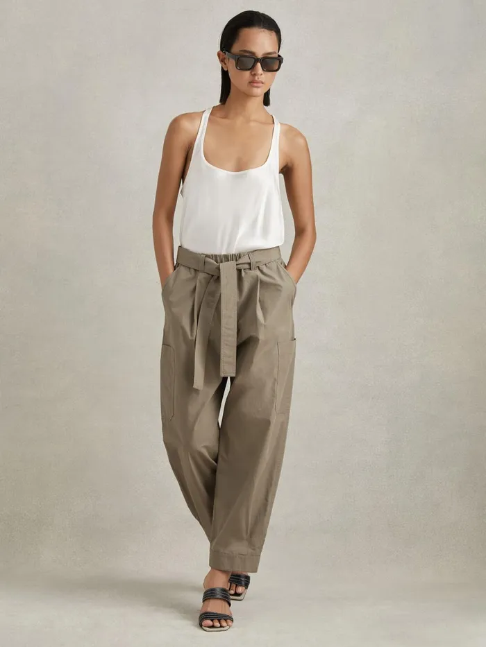 Women Reiss Pants Delia Cotton Tapered Parachute Trousers Khaki