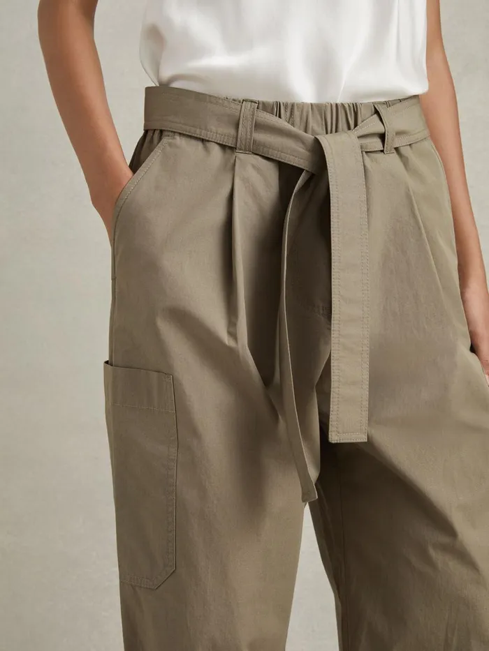 Women Reiss Pants Delia Cotton Tapered Parachute Trousers Khaki
