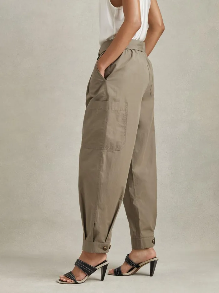 Women Reiss Pants Delia Cotton Tapered Parachute Trousers Khaki