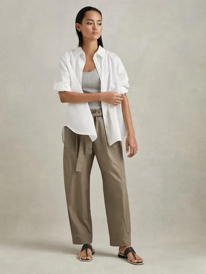 Women Reiss Pants Delia Cotton Tapered Parachute Trousers Khaki