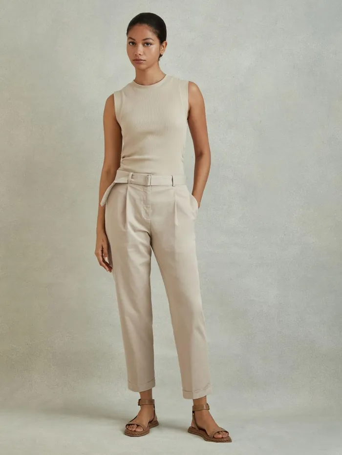 Women Reiss Pants Hutton Cropped Cotton Blend Belted Trousers Stone