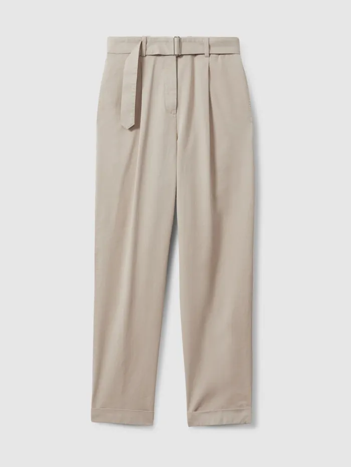 Women Reiss Pants Hutton Cropped Cotton Blend Belted Trousers Stone