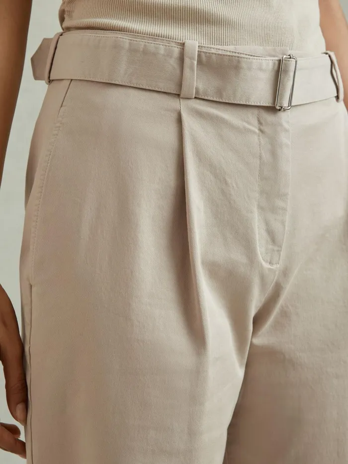 Women Reiss Pants Hutton Cropped Cotton Blend Belted Trousers Stone