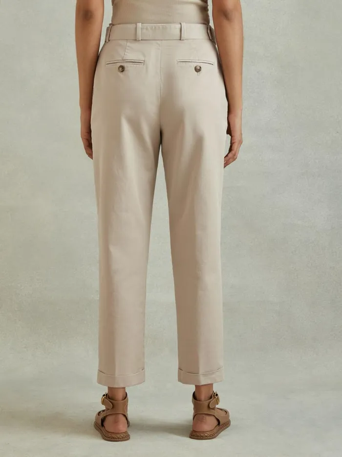 Women Reiss Pants Hutton Cropped Cotton Blend Belted Trousers Stone