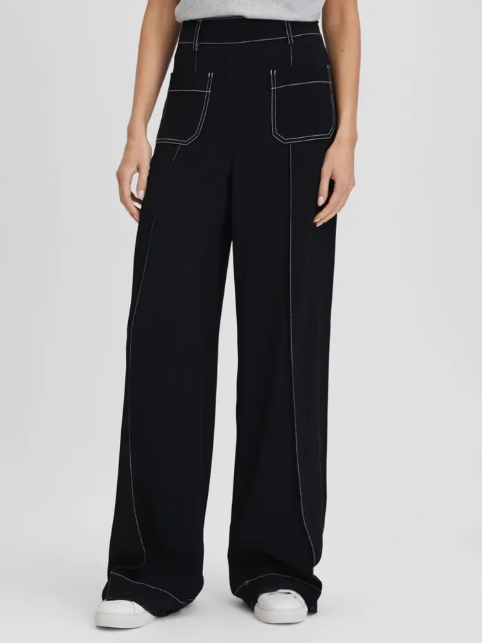 Women Reiss Pants Kylie Contrast Stitch Wide Leg Trousers Black
