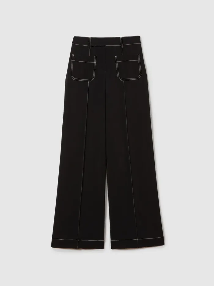 Women Reiss Pants Kylie Contrast Stitch Wide Leg Trousers Black