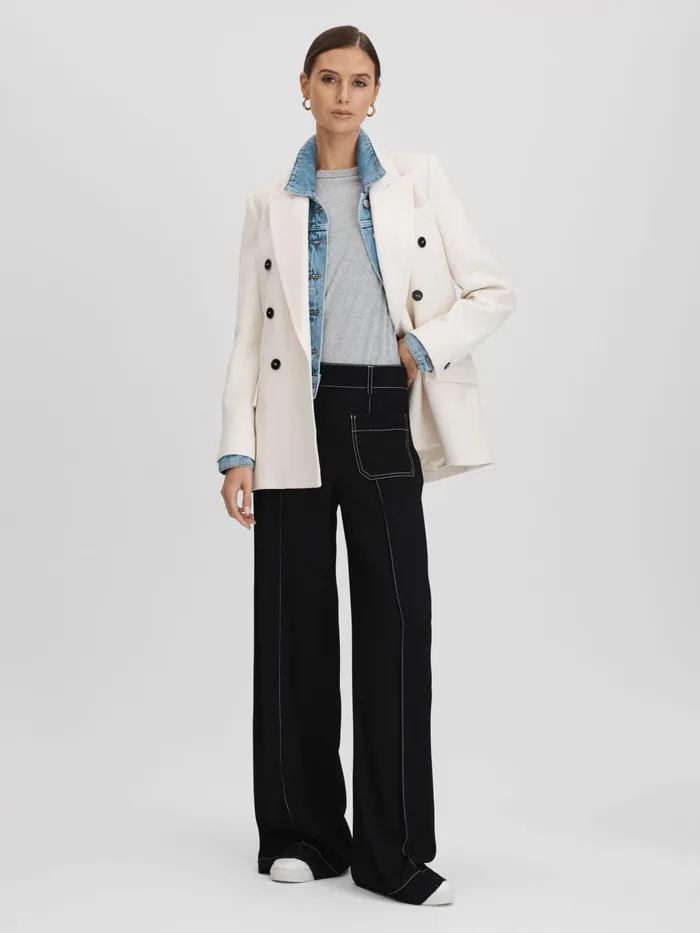 Women Reiss Pants Kylie Contrast Stitch Wide Leg Trousers Black
