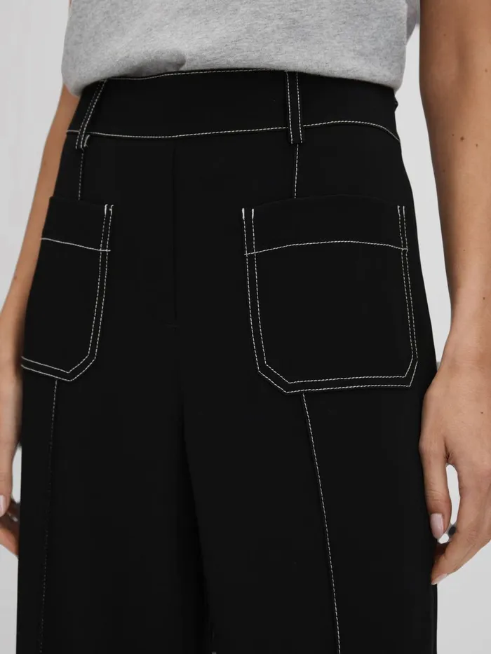Women Reiss Pants Kylie Contrast Stitch Wide Leg Trousers Black