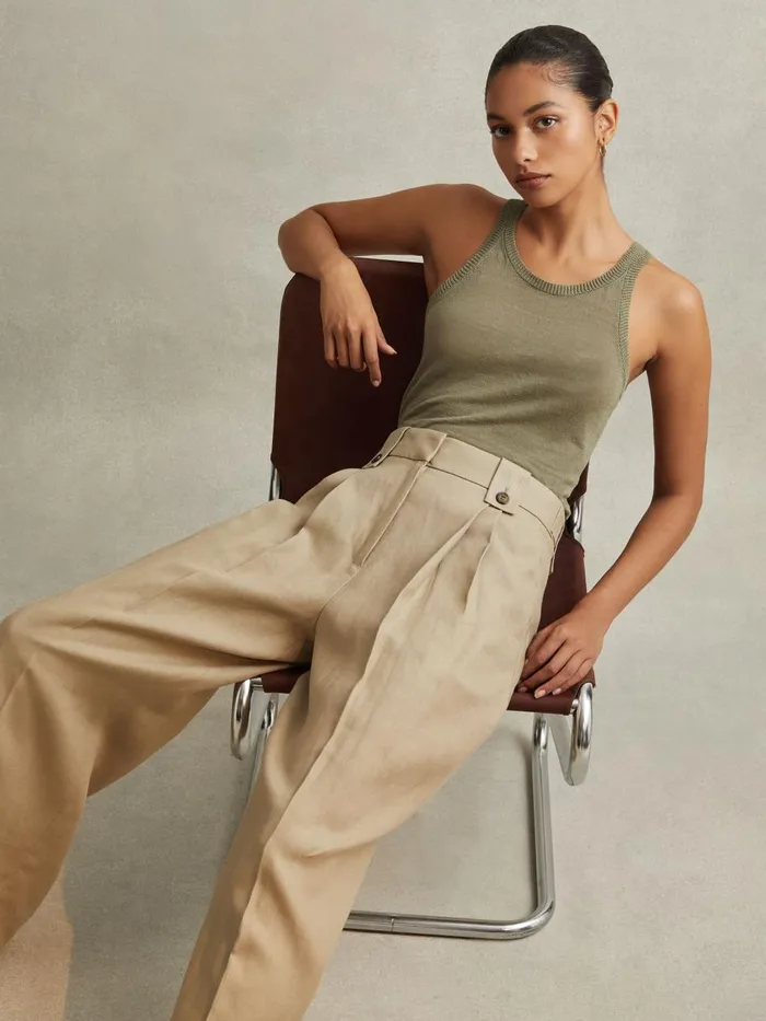 Women Reiss Pants Leila Linen Front Pleat Trousers Light Khaki