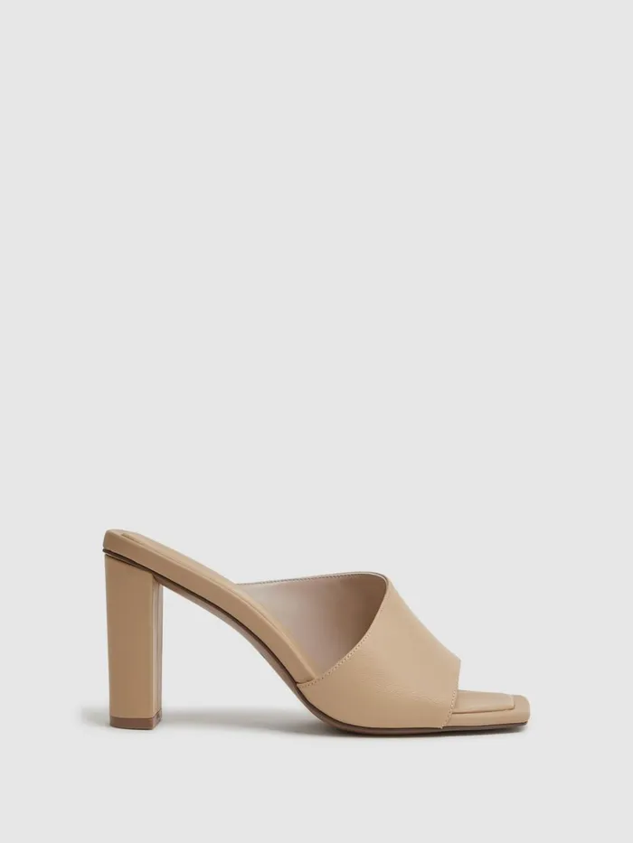 Women Reiss Sandals Heather Leather Block Heel Mules Nude