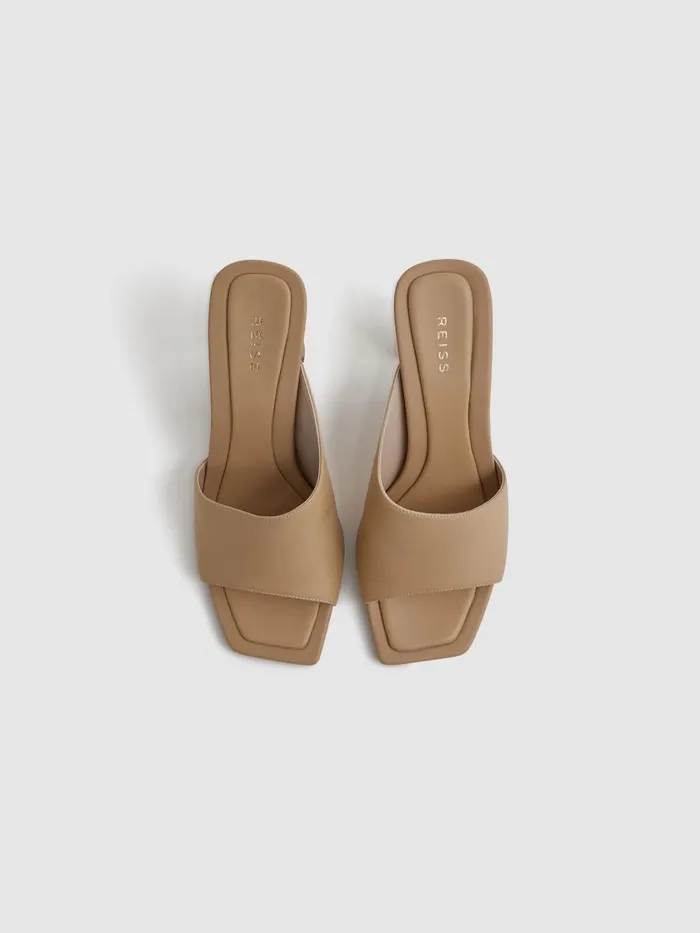 Women Reiss Sandals Heather Leather Block Heel Mules Nude