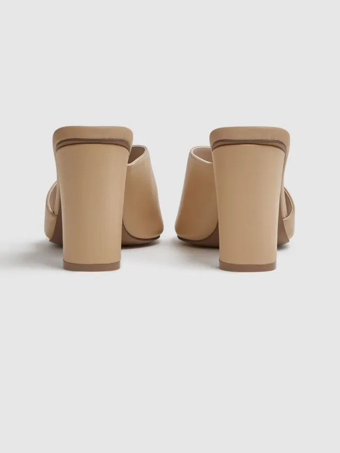 Women Reiss Sandals Heather Leather Block Heel Mules Nude