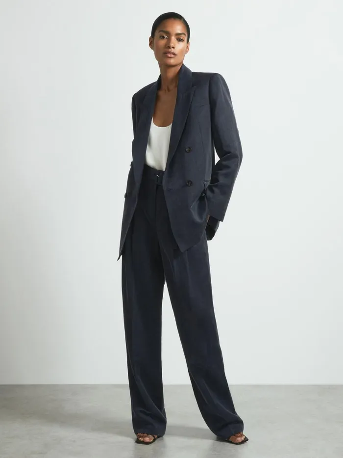 Women Reiss Suits and Tailoring Cupro Double Breasted Suit Blazer Navy