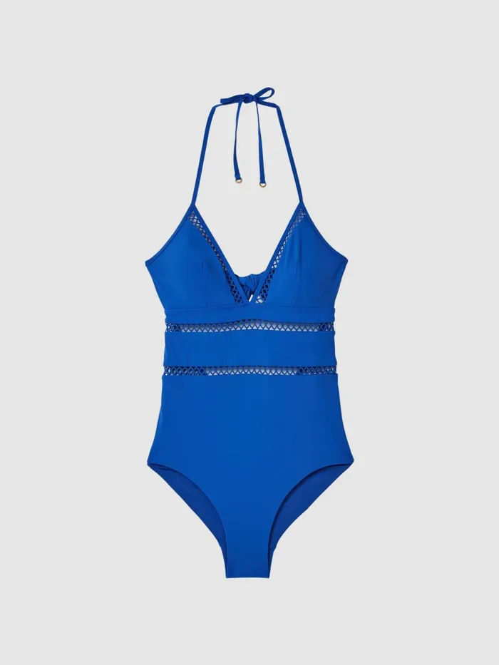 Women Reiss Swimwear Gia Lattice Halterneck Swimsuit Cobalt Blue