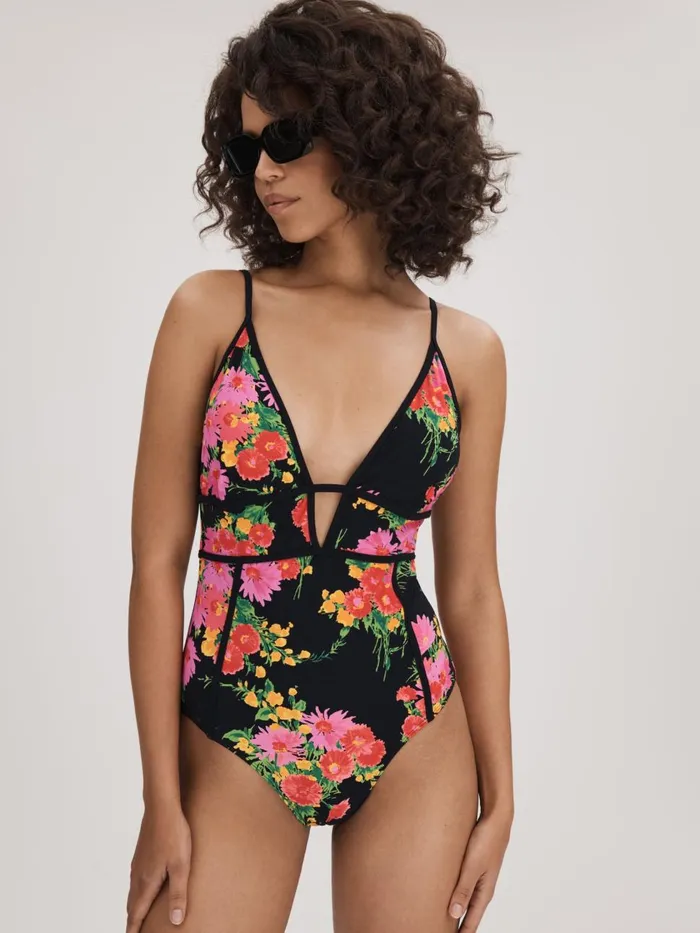 Women Reiss Swimwear Printed Plunge Neck Swimsuit Pinkblack