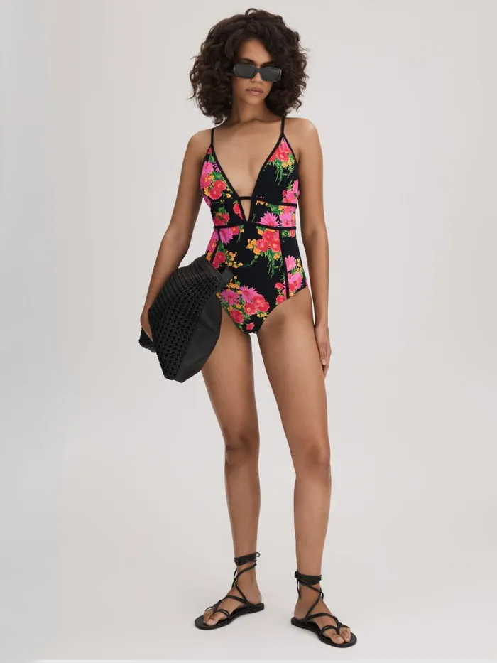 Women Reiss Swimwear Printed Plunge Neck Swimsuit Pinkblack