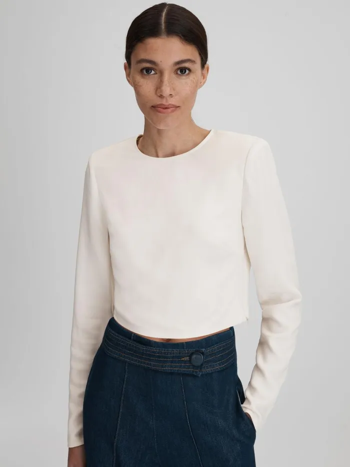 Women Reiss Tops Ariana Crew Neck Cropped Top Cream