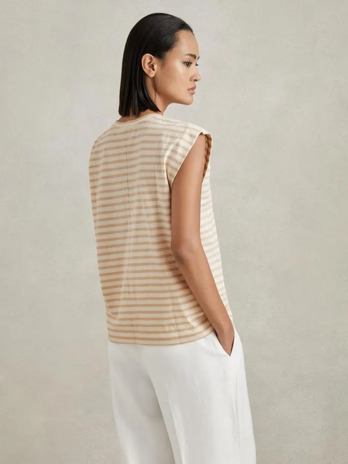 Women Reiss Tops Morgan Cotton Striped Capped Sleeve TShirt Neutralwhite
