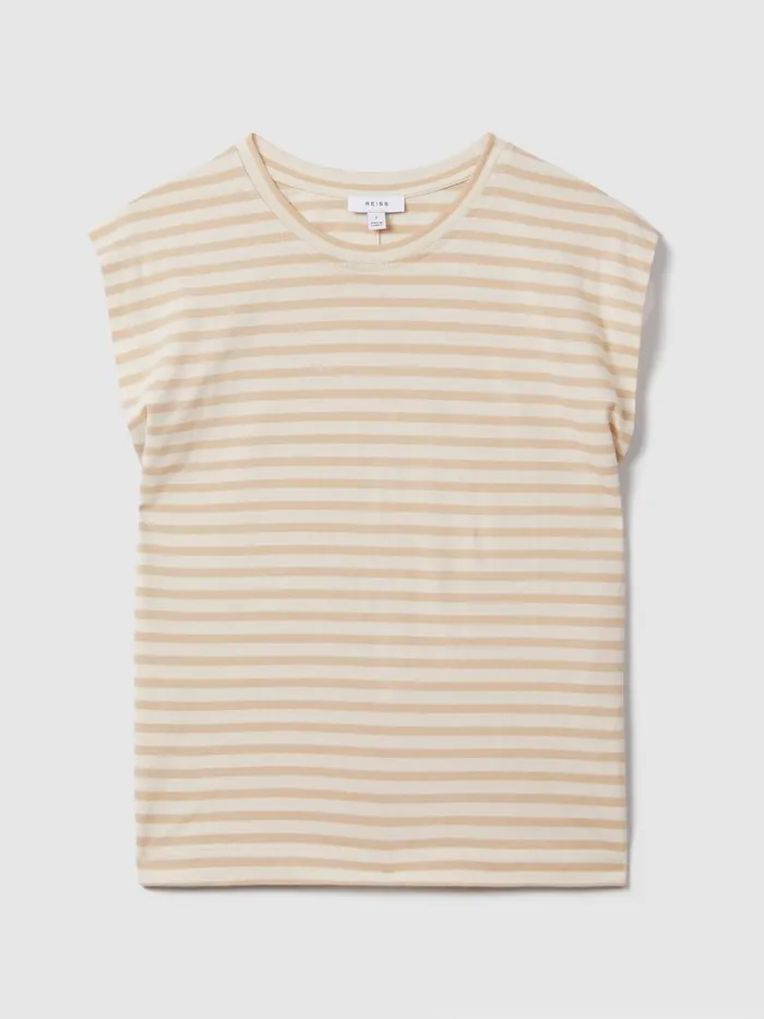 Women Reiss Tops Morgan Cotton Striped Capped Sleeve TShirt Neutralwhite
