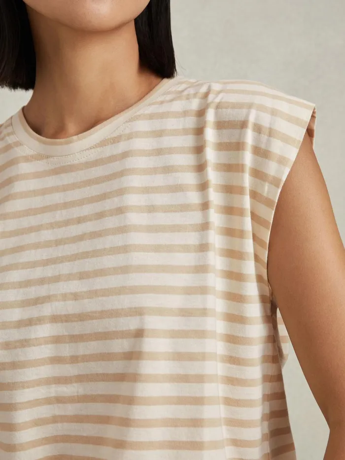 Women Reiss Tops Morgan Cotton Striped Capped Sleeve TShirt Neutralwhite