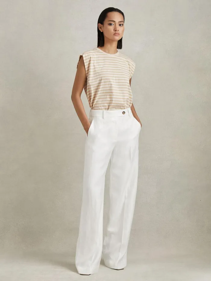 Women Reiss Tops Morgan Cotton Striped Capped Sleeve TShirt Neutralwhite