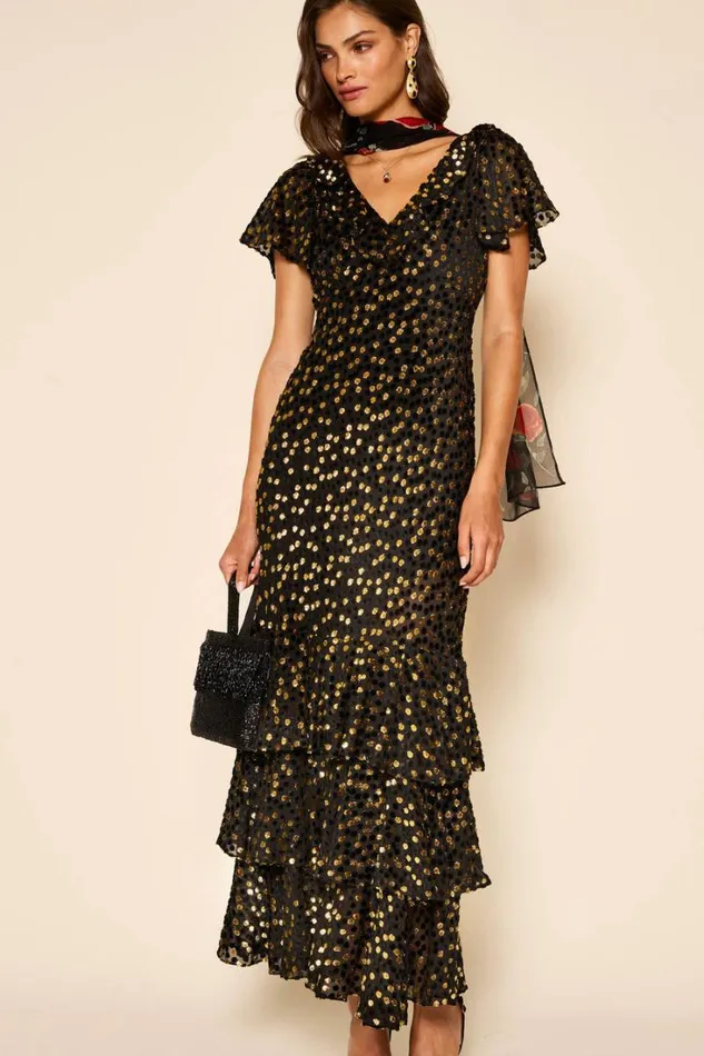 Women RIXO All Clothing Amelle Velvet Lurex Gown Scatter Devore Gold