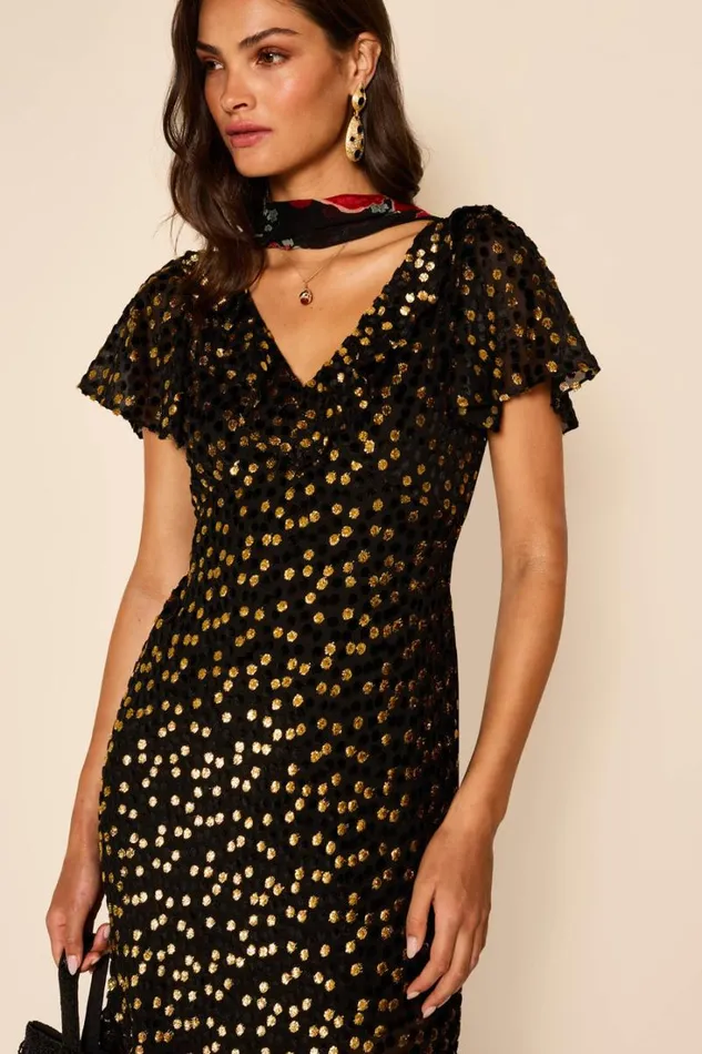 Women RIXO All Clothing Amelle Velvet Lurex Gown Scatter Devore Gold