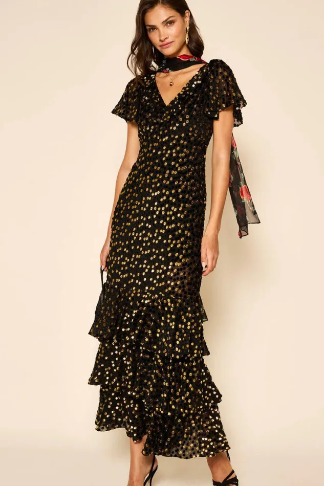 Women RIXO All Clothing Amelle Velvet Lurex Gown Scatter Devore Gold