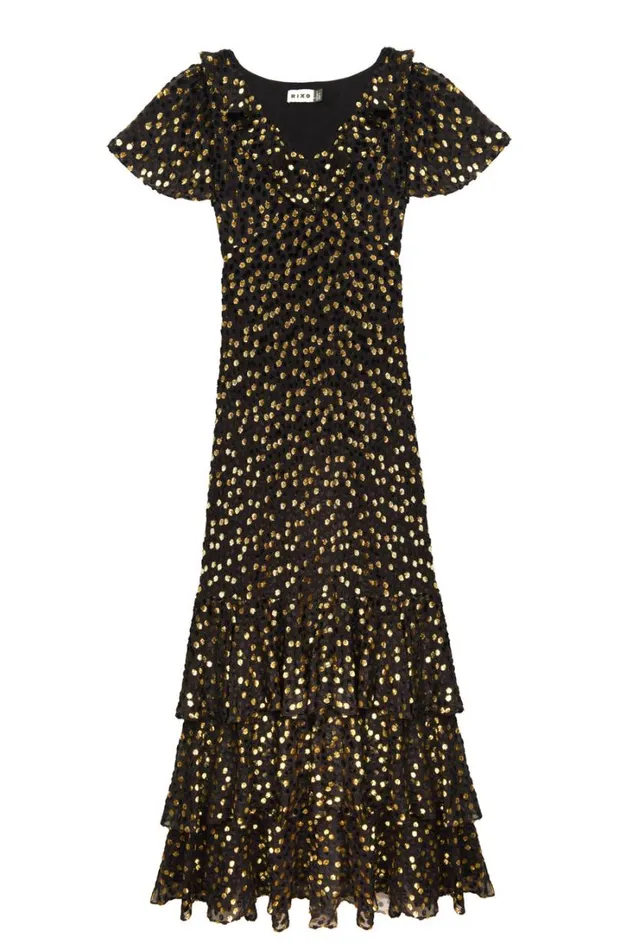 Women RIXO All Clothing Amelle Velvet Lurex Gown Scatter Devore Gold